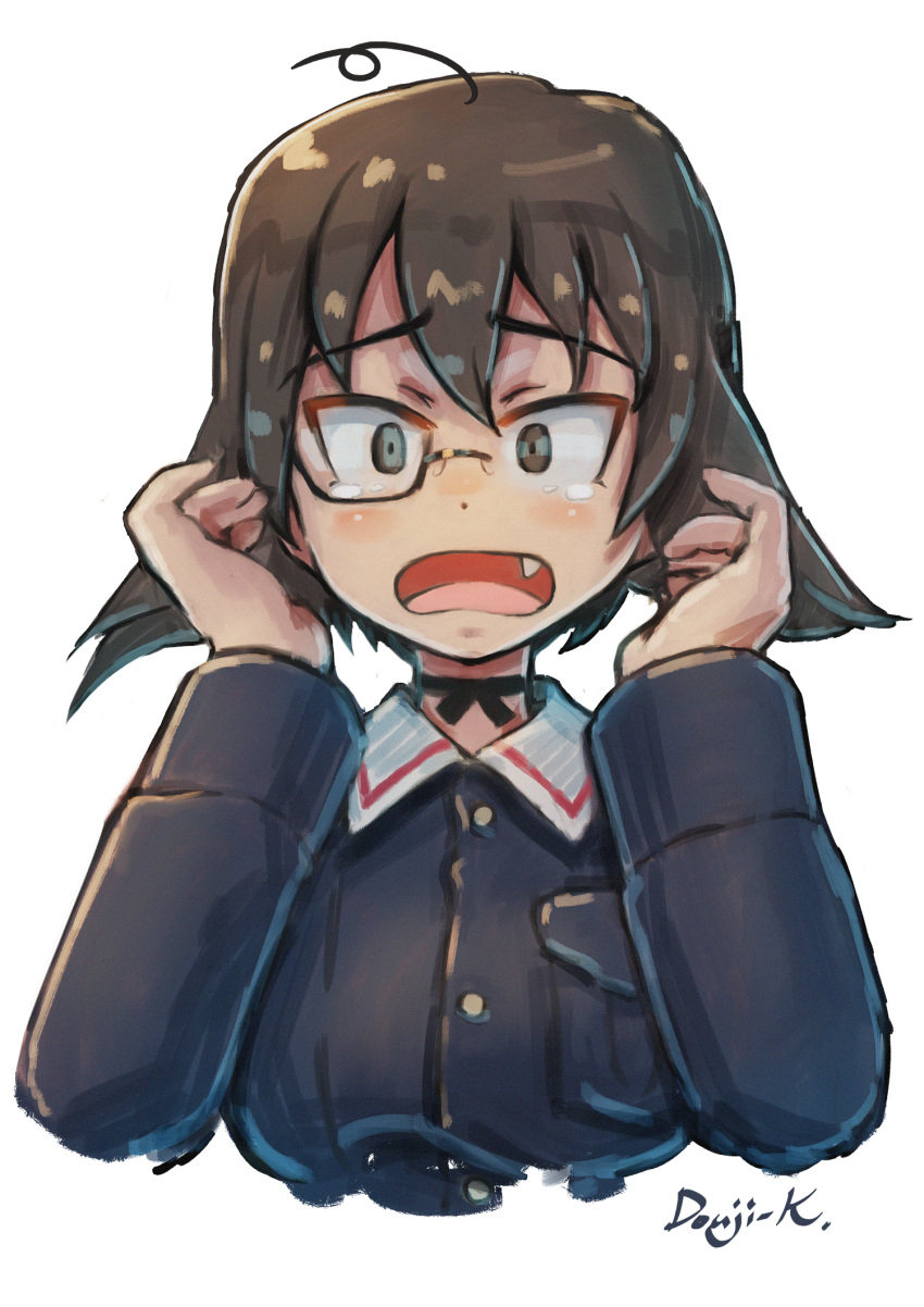 1girl artist_name bangs black-framed_eyewear black_choker black_eyes black_hair blue_jacket bob_cut bow_choker choker commentary constricted_pupils cropped_torso fang frown girls_und_panzer hands_in_hair highres jacket kawashima_momo kuroneko_douji long_sleeves looking_at_viewer messy_hair military military_uniform monocle ooarai_military_uniform open_mouth semi-rimless_eyewear short_hair signature simple_background sketch solo tearing_up under-rim_eyewear uniform upper_body white_background