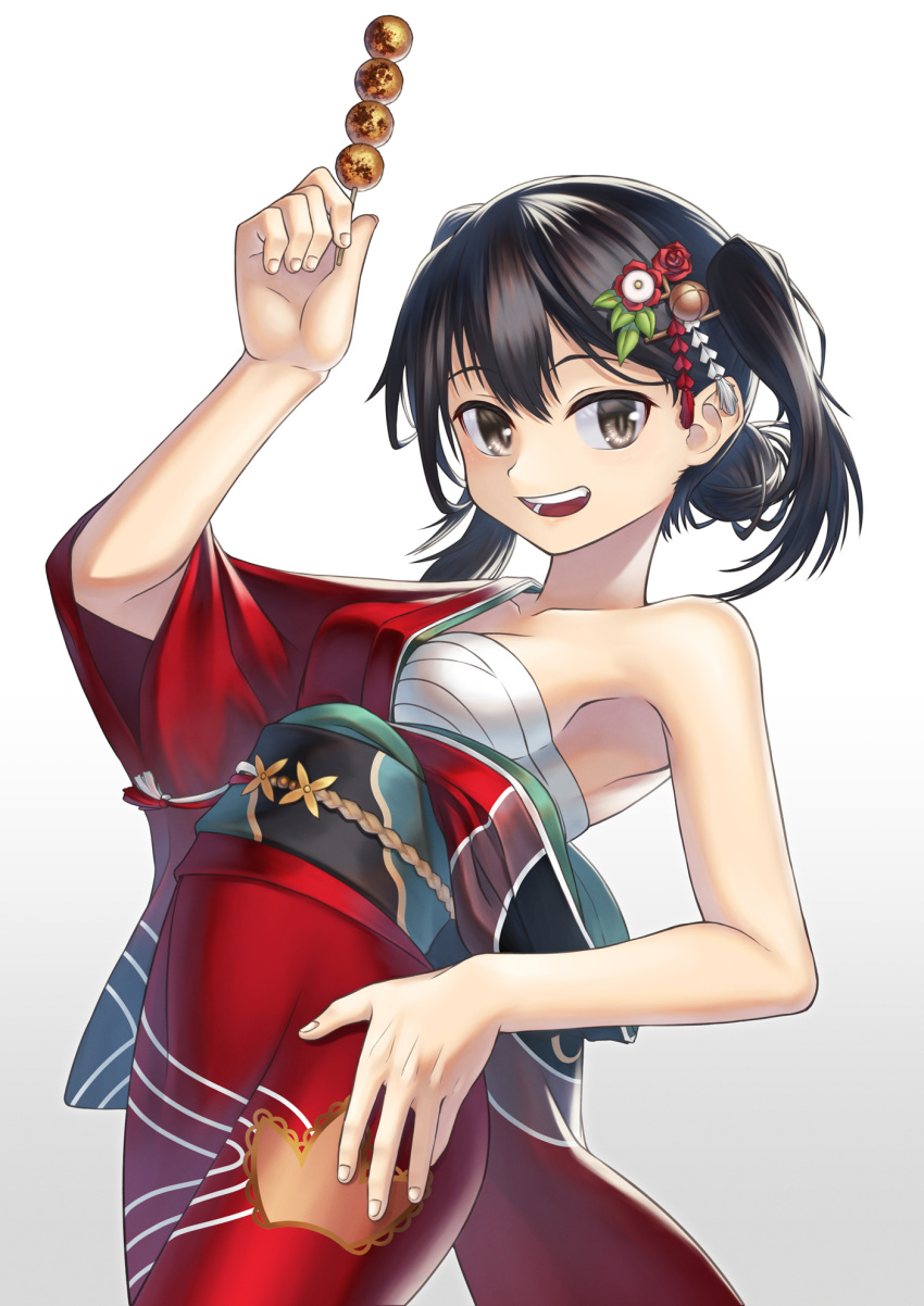 1girl :d armpits bare_shoulders black_background black_hair brown_eyes character_name commentary_request copyright_name dango floral_print food full_body gradient gradient_background hadanugi_dousa hair_between_eyes highres holding holding_food japanese_clothes kantai_collection kimono long_hair long_sleeves official_alternate_costume print_kimono red_kimono ryo_relation sendai_(kancolle) simple_background smile solo tabi transparent_background two_side_up wagashi white_background wide_sleeves