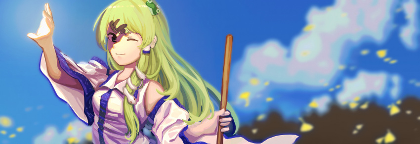 1girl absurdres arm_up broom clouds frog_hair_ornament furahata_gen green_hair hair_ornament highres holding holding_broom japanese_clothes kochiya_sanae leaf looking_at_viewer miko one_eye_closed shadow sky smile snake_hair_ornament solo sunlight touhou