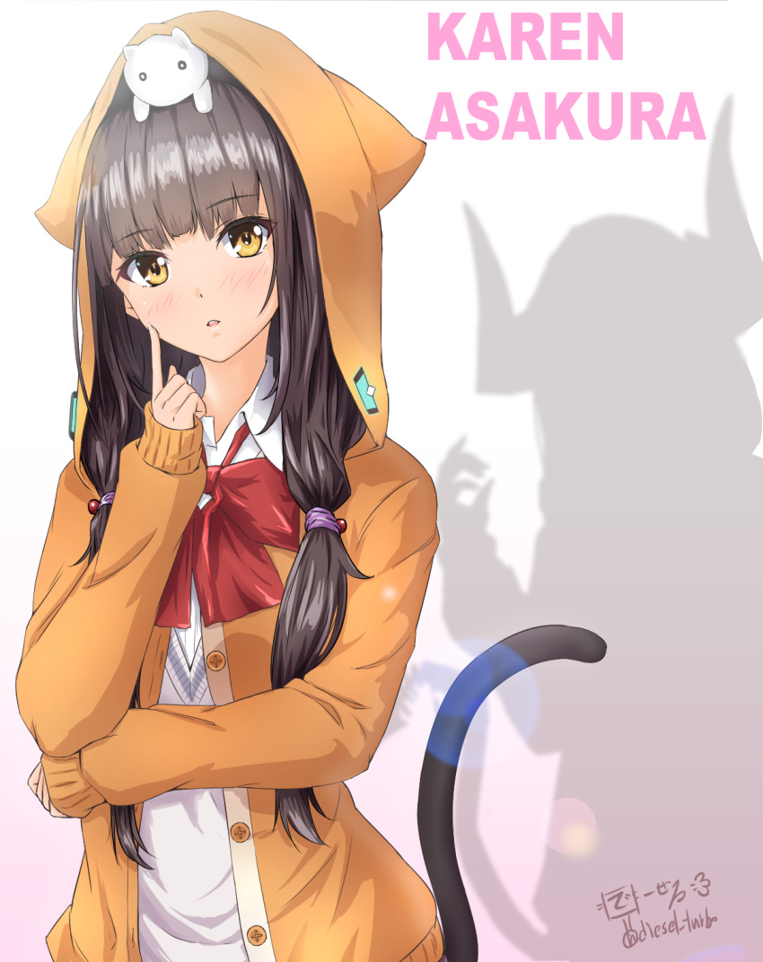 1girl artist_name asakura_karen_(heaven_burns_red) bangs bow bowtie brown_eyes brown_hair cat_tail character_name diesel-turbo dress_shirt english_text eyebrows_visible_through_hair grey_sweater hair_over_shoulder hair_tie_in_mouth heaven_burns_red highres hood hood_up hoodie index_finger_raised lens_flare long_hair long_sleeves looking_at_viewer low_twintails mouth_hold open_clothes open_hoodie orange_hoodie parted_lips red_bow red_bowtie school_uniform shadow shirt signature solo stuffed_animal stuffed_cat stuffed_toy sweater tail twintails upper_body v-neck white_shirt wing_collar