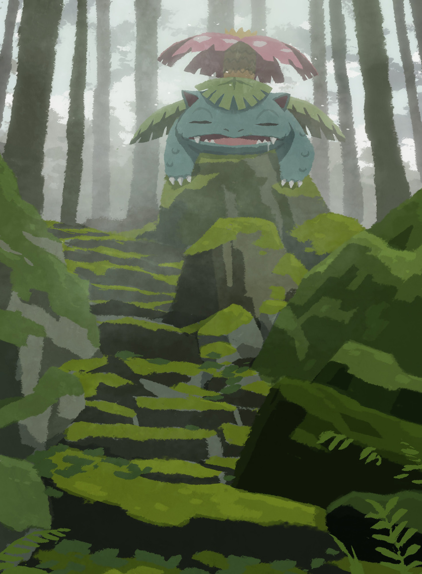absurdres claws closed_eyes commentary_request day forest from_below highres hyogonosuke nature no_humans open_mouth pokemon pokemon_(creature) rock stairwell sunlight teeth tree venusaur