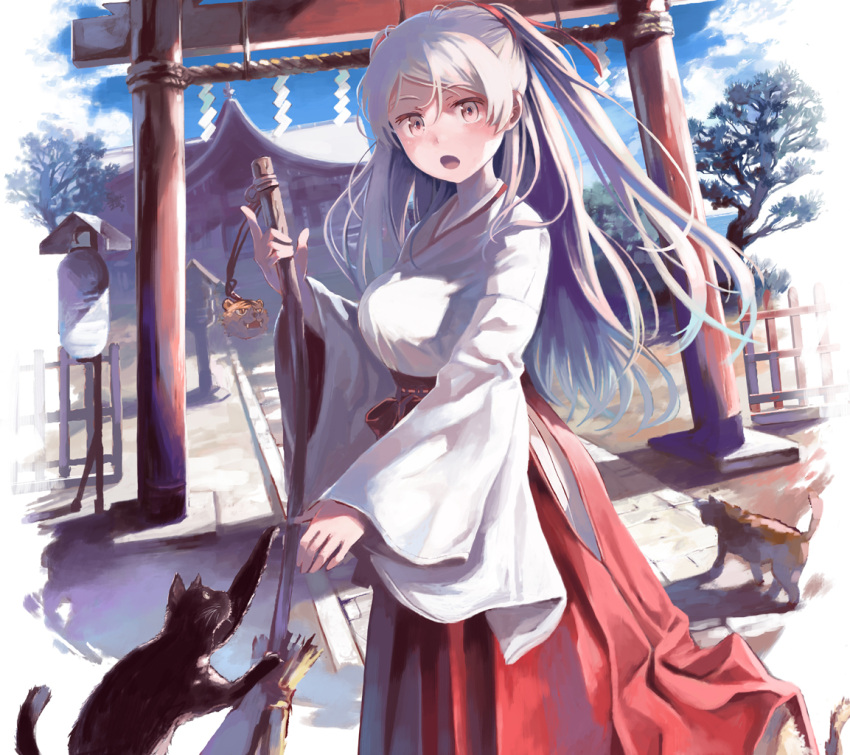 1girl alternate_costume blue_sky breasts broom brown_eyes cat clouds cloudy_sky conte_di_cavour_(kancolle) grey_hair hakama hakama_skirt japanese_clothes kantai_collection kimono large_breasts long_hair long_sleeves mat_(seiga38529) miko official_alternate_costume outdoors red_hakama ribbon-trimmed_sleeves ribbon_trim shrine skirt sky tiger torii tree twintails two_side_up white_kimono wide_sleeves