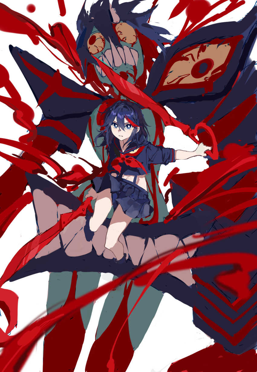 1girl absurdres blood blue_eyes blue_hair blue_serafuku blue_skirt bright_pupils closed_mouth colored_sclera colored_skin dark_persona dual_wielding fangs fangs_out green_skin grey_background hair_between_eyes highres holding holding_sword holding_weapon kill_la_kill linglingzhong3 matoi_ryuuko medium_hair multicolored_hair parted_lips red_eyes red_legwear redhead reverse_grip school_uniform scissor_blade senketsu serafuku sharp_teeth simple_background skirt solo streaked_hair sword teeth two-tone_hair uniform veins weapon white_pupils yellow_sclera