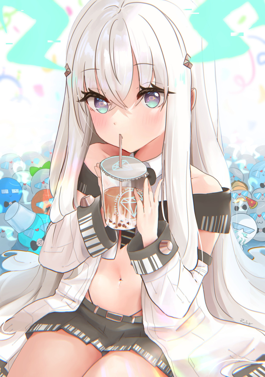 1girl absurdres aqua_eyes bare_shoulders bubble_tea commission cropped_shirt cup detached_sleeves disposable_cup dragon_girl drink drinking drinking_straw drinking_straw_in_mouth eyebrows_visible_through_hair gradient_eyes grey_hair highleg highleg_panties highres holding holding_drink holographic_horns ibuki_meno iced_tea long_hair microskirt midriff multicolored_eyes navel necktie otagon_(ibuki_meno) panties pleated_skirt prism_project reiny shirt skirt sleeveless sleeveless_jacket sleeveless_shirt solo_focus tea underwear violet_eyes virtual_youtuber