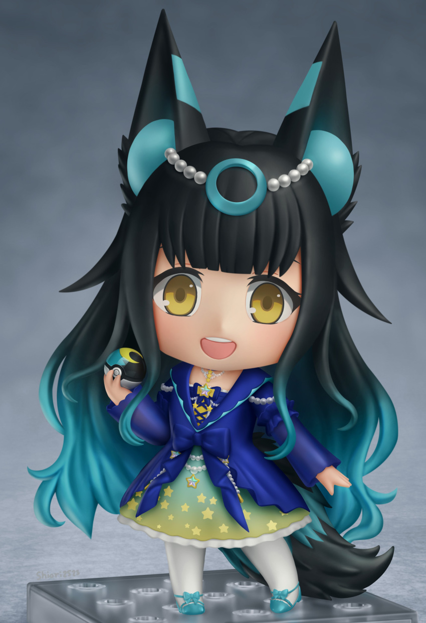 1girl absurdres black_hair blue_footwear blue_hair boots character_request chibi closed_mouth commission cross-laced_footwear faux_figurine full_body gradient_hair highres indie_virtual_youtuber lace-up_boots long_hair multicolored_hair nendoroid open_mouth second-party_source shiori2525 short_hair smile solo teeth upper_teeth virtual_youtuber
