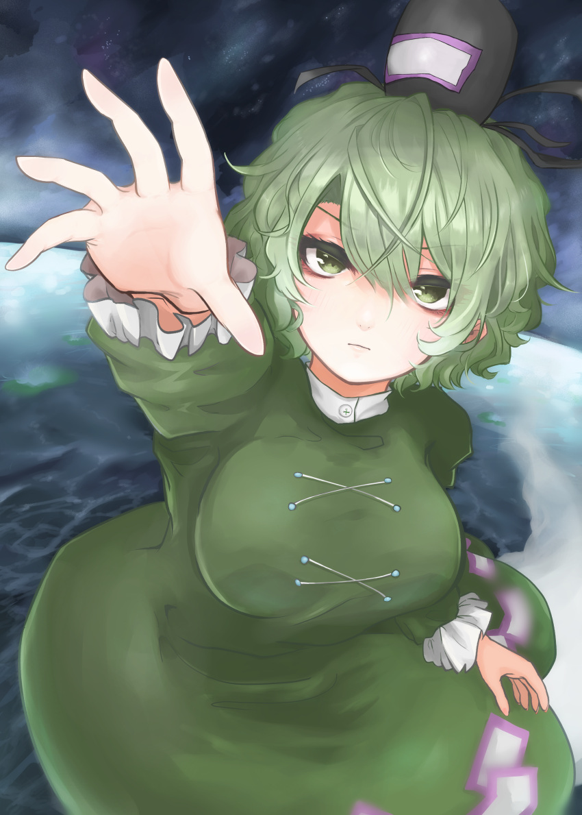 1girl absurdres bangs black_headwear breasts closed_mouth cross-laced_clothes dress green_dress green_eyes green_hair hat highres large_breasts long_sleeves looking_at_viewer ofuda ofuda_on_clothes short_hair soga_no_tojiko solo takana_(forsterite) tate_eboshi touhou
