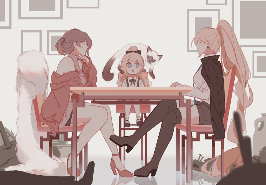 3girls 3others :d bangs bianka_durandal_ataegina blade_durandal blonde_hair blue_eyes boots brown_footwear brown_hair brown_jacket brown_necktie brown_skirt cat chair closed_eyes closed_mouth crossed_legs death full_body high_heels highres honkai_(series) honkai_impact_3rd indoors jacket knife long_hair long_sleeves multiple_girls multiple_others necktie open_mouth overall_skirt pink_jacket pink_sweater ponytail portrait_(object) red_footwear rita_rossweisse shirt sitting skirt sleeveless smile stan_(honkai_impact) sweater table thigh-highs thigh_boots white_legwear white_shirt ylceon