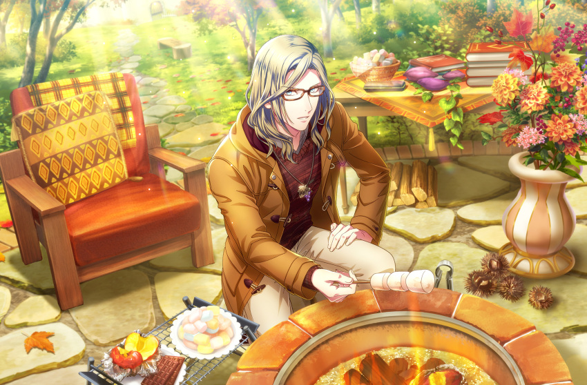 1boy apple autumn_leaves bespectacled blonde_hair blue_eyes book book_stack branch brown-framed_eyewear brown_jacket campfire camus_(uta_no_prince-sama) candy chair chestnut chocolate chocolate_bar cobblestone cushion day fingernails firewood flower foil food fruit glasses glasses_case grass grey_shirt hand_on_own_thigh highres holding holding_stick jacket jewelry leaf leaf_necklace looking_at_viewer male_focus maple_leaf marshmallow medium_hair official_art one_knee open_clothes open_jacket orange_flower pants parted_lips pendant plate red_sweater_vest roasting shirt solo stick stone_walkway sunlight sweater_vest sweet_potato table tablecloth third-party_source tongs tree uta_no_prince-sama uta_no_prince-sama:_shining_live vase yellow_flower yellow_pants