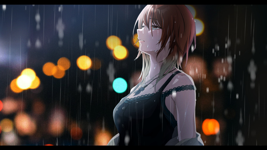 1girl aketa_mikoto black_border blonde_hair blurry bokeh border brown_hair depth_of_field expressionless gradient_hair highres idolmaster idolmaster_shiny_colors jewelry letterboxed looking_afar medium_hair multicolored_eyes multicolored_hair necklace night rain sleeveless solo teardrop tears tsuchi_(hdpz4588) upper_body water_drop wet wet_clothes wet_hair