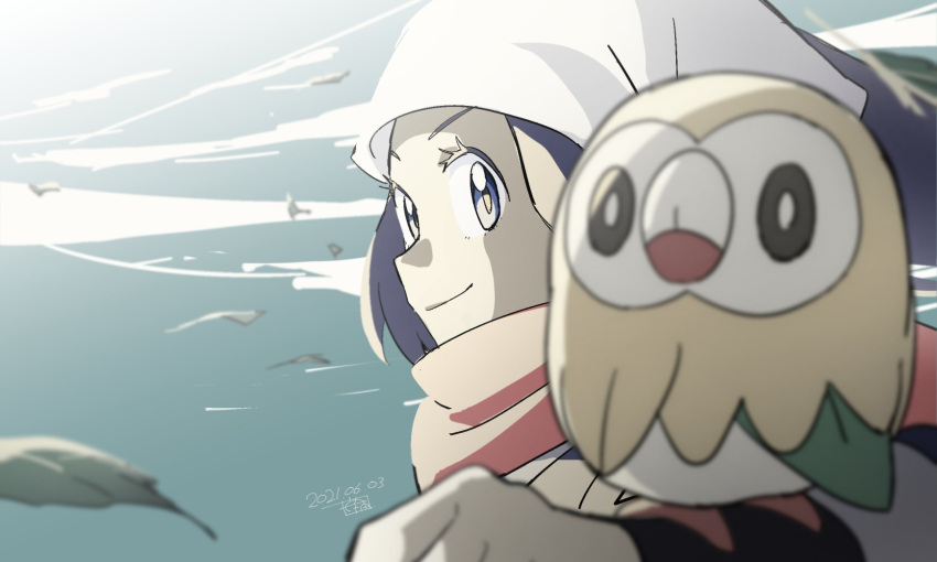 1girl akari_(pokemon) black_hair blurry closed_mouth commentary_request dated falling_leaves floating_hair head_scarf highres leaf long_hair pokemon pokemon_(creature) pokemon_(game) pokemon_legends:_arceus pokemon_on_arm rowlet scarf signature smile ueda_hanako white_headwear