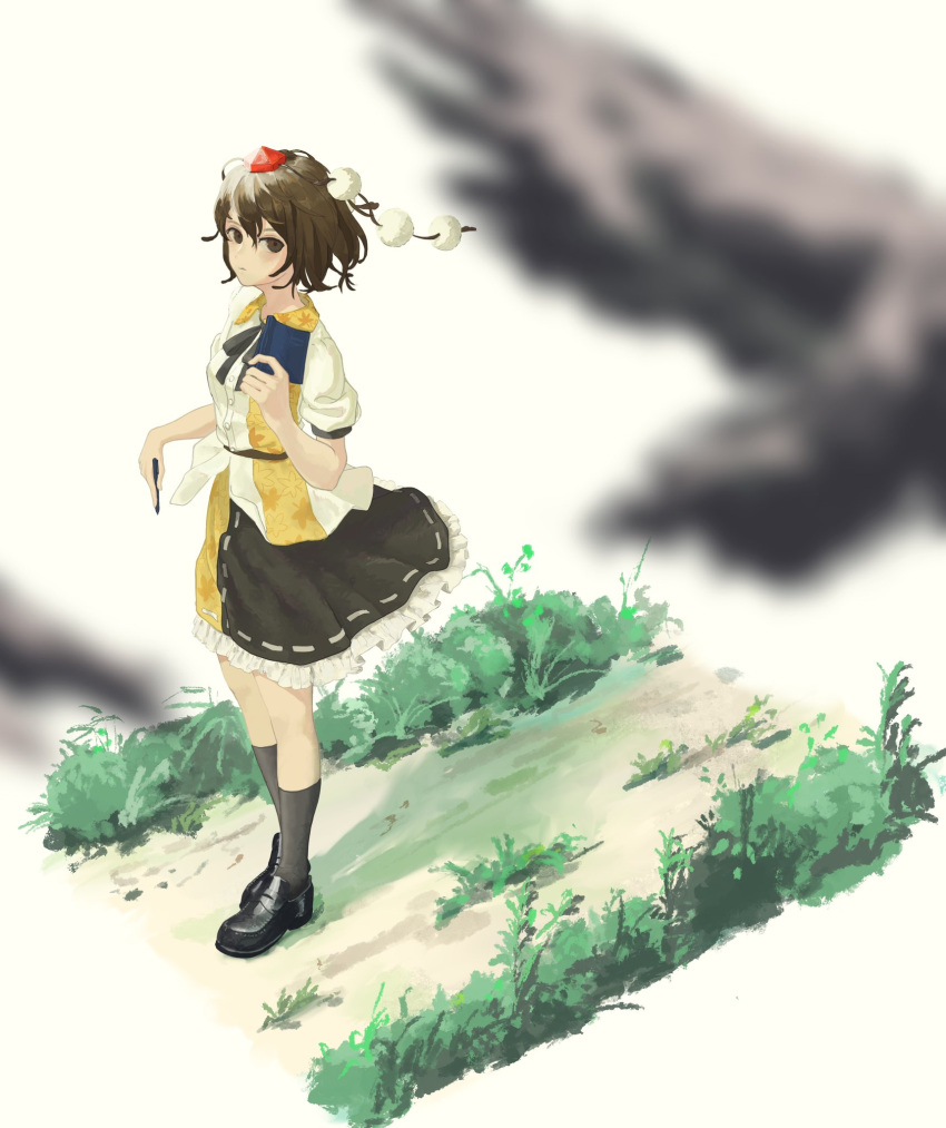 1girl :| as_scolipede bird black_footwear black_legwear black_neckerchief black_skirt blurry blurry_foreground book brown_eyes brown_hair buttons closed_mouth depth_of_field expressionless frilled_skirt frills full_body grass hair_between_eyes hat highres holding holding_book holding_pen kneehighs looking_at_viewer multicolored_clothes multicolored_skirt neckerchief path pen pom_pom_(clothes) puffy_short_sleeves puffy_sleeves red_headwear ribbon-trimmed_skirt ribbon_trim shameimaru_aya shirt shoes short_hair short_sleeves sideways_glance skirt solo standing tokin_hat touhou white_shirt yellow_skirt