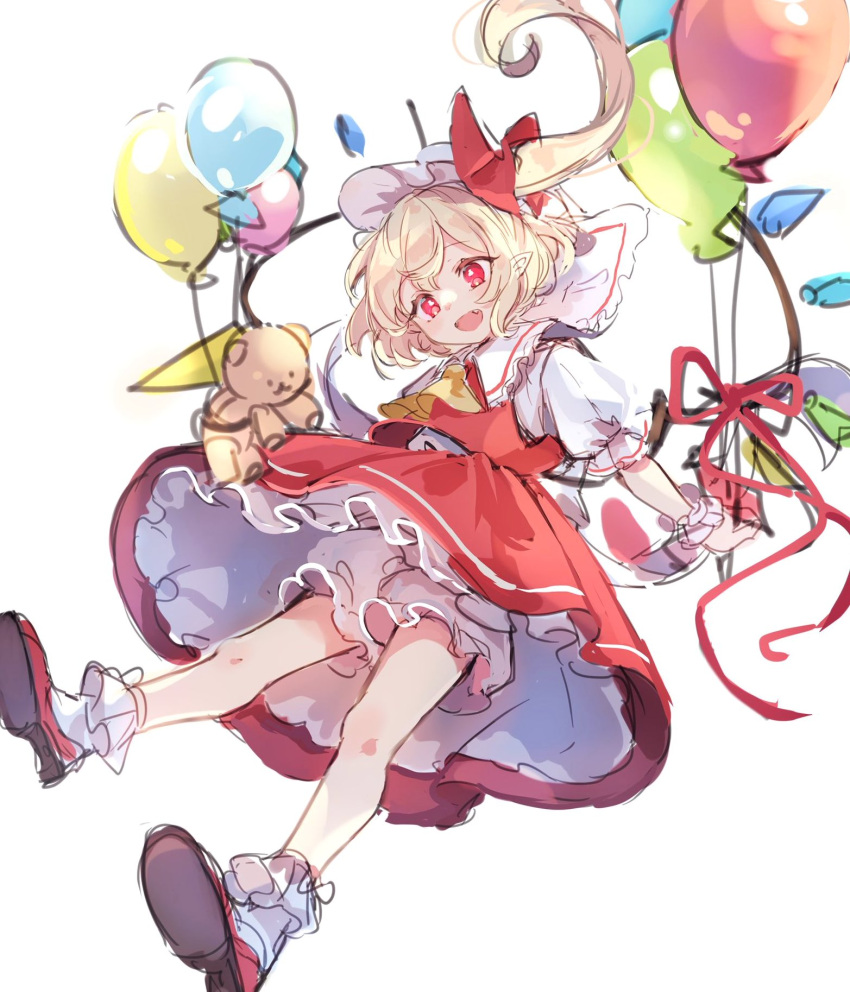 1girl ascot balloon blonde_hair bloomers bobby_socks crystal flandre_scarlet frilled_shirt_collar frilled_skirt frills hat highres medium_hair mob_cap paragasu_(parags112) puffy_short_sleeves puffy_sleeves red_eyes red_footwear red_skirt red_vest shirt shoe_soles short_sleeves side_ponytail simple_background skirt socks solo stuffed_animal stuffed_toy teddy_bear touhou underwear vest white_background white_bloomers white_headwear white_shirt wings yellow_ascot