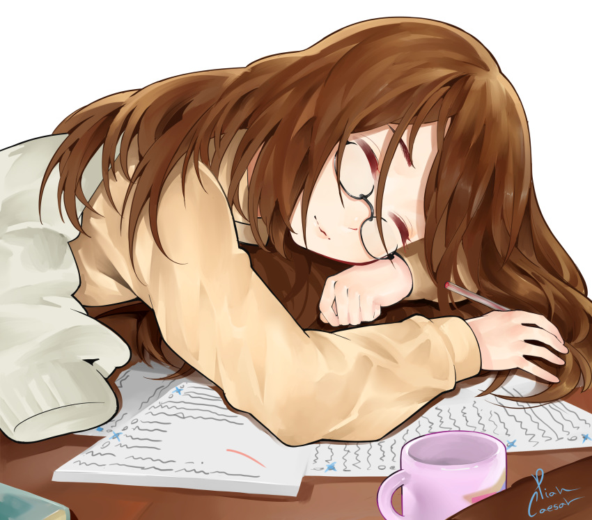 1girl absurdres artist_name brown_hair closed_eyes closed_mouth coffee_mug commentary cup glasses highres holding holding_pen jacket jacket_on_shoulders k-on! long_hair long_sleeves mug paper pen piancaesar shirt simple_background sleeping solo sweater teacher watermark white_background white_sweater yamanaka_sawako yellow_shirt