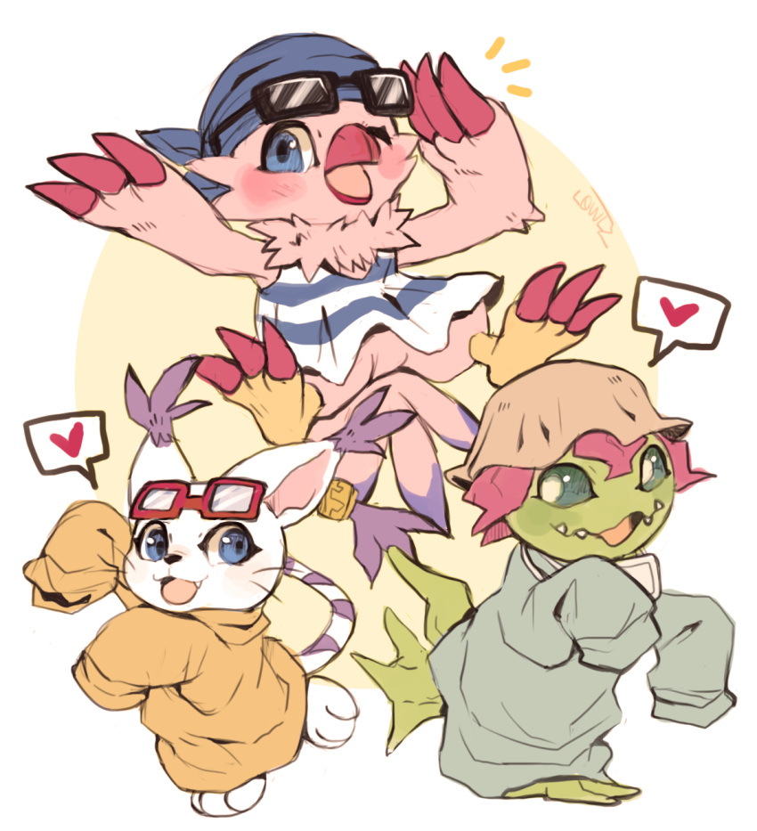 :d bandana digimon digimon_(creature) digimon_adventure fang glasses hat heart highres long_sleeves looking_at_viewer no_humans notice_lines one_eye_closed palmon piyomon red-framed_eyewear smile spoken_heart sui_(suizilla) tailmon