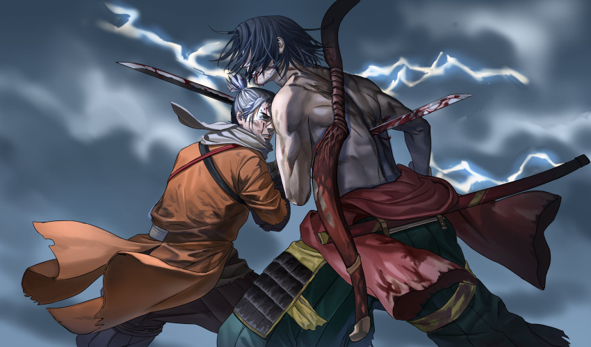 2boys absurdres armor ashina_genichirou battle black_hair blood blood_on_face blue_pants bow_(weapon) clenched_teeth clouds dark_clouds fighting grey_hair hakama hakama_pants haori highres holding holding_sword holding_weapon impaled japanese_armor japanese_clothes katana kusazuri lightning male_focus medium_hair multiple_boys pants ponytail sash scabbard scar scar_on_back sekiro sekiro:_shadows_die_twice sheath short_hair spoilers ssanghwa_tang1 stab sword teeth topless_male weapon