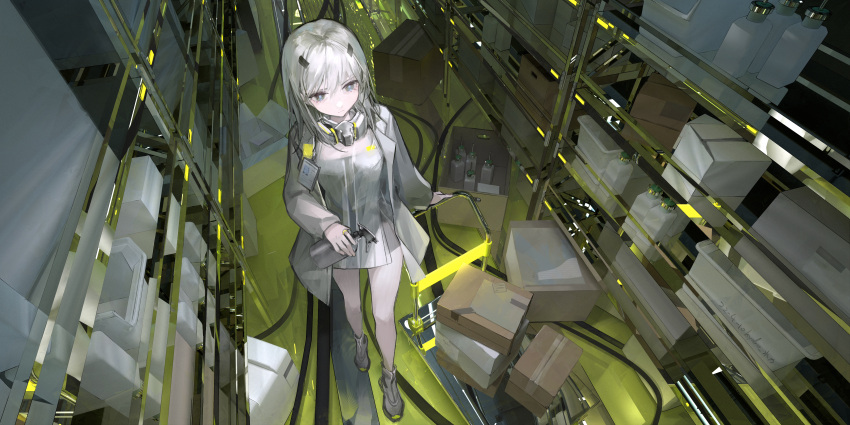 1girl absurdres bangs bare_legs box cardboard_box coat commentary_request copyright_request full_body glowing grey_coat grey_eyes grey_footwear grey_hair grey_shirt hair_between_eyes highres holding legs qiangjitong reflective_floor shirt shoes solo standing tagme