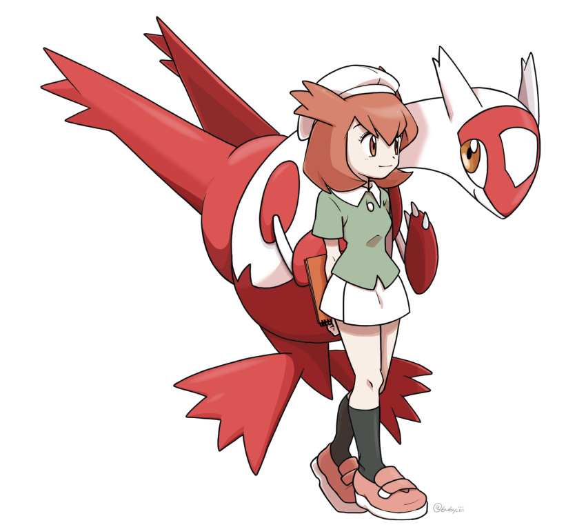 1girl 6u6y_iii bangs bianca_(pokemon_m05) black_legwear brown_eyes brown_hair buttons claws closed_mouth commentary_request green_shirt hat highres holding knees latias medium_hair pink_footwear pokemon pokemon_(anime) pokemon_(classic_anime) pokemon_(creature) pokemon_m05 shirt shoes simple_background skirt smile socks standing white_background white_headwear white_skirt
