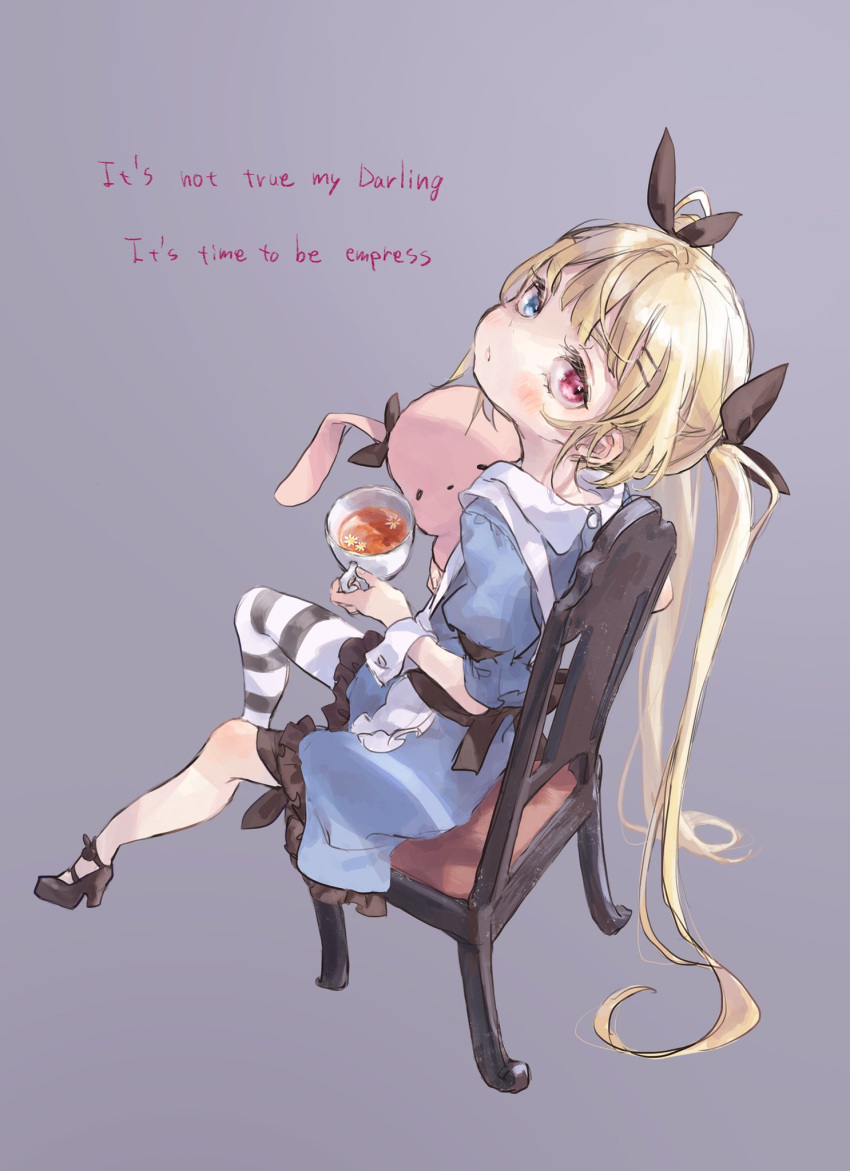 1girl alice_(alice_in_wonderland) alice_in_wonderland beatmania beatmania_iidx black_footwear black_ribbon blonde_hair blue_eyes blush chair commission cup english_text grey_background hair_ribbon heterochromia high_heels highres long_hair looking_at_viewer nenena red_eyes ribbon simple_background single_thighhigh sitting skeb_commission solo striped striped_legwear stuffed_animal stuffed_bunny stuffed_toy thigh-highs twintails very_long_hair