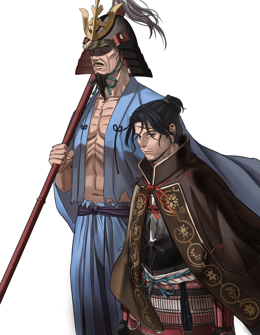 2boys absurdres armor ashina_genichirou ashina_isshin beard black_hair breastplate closed_mouth facial_hair grandfather_and_grandson hakama hakama_pants height_difference helmet heterochromia highres holding holding_polearm holding_weapon jacket japanese_armor japanese_clothes kabuto_(helmet) long_beard looking_at_viewer multiple_boys navel one_eye_closed pants plume polearm ponytail scar scar_across_eye sekiro:_shadows_die_twice short_ponytail simple_background ssanghwa_tang1 sword_saint_isshin weapon white_background