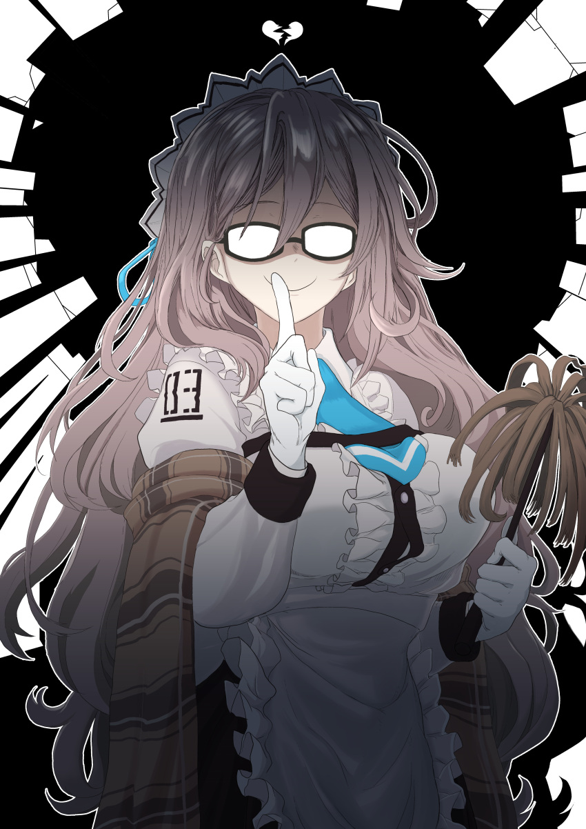 1girl absurdres akane_(blue_archive) apron bangs black-framed_eyewear blue_archive blue_necktie blue_ribbon blue_sky blush breasts brown_eyes brown_hair bursting_breasts clouds commentary day dress floating_hair frills from_side glasses gloves hair_behind_ear hair_between_eyes hair_ribbon hair_tucking halo hands_up highres indoors large_breasts light_particles long_hair long_sleeves looking_at_viewer looking_to_the_side maid maid_headdress necktie plaid_shawl revision ribbon riffle_hunter shawl sideways_glance sky smile solo upper_body very_long_hair waist_apron white_apron white_gloves