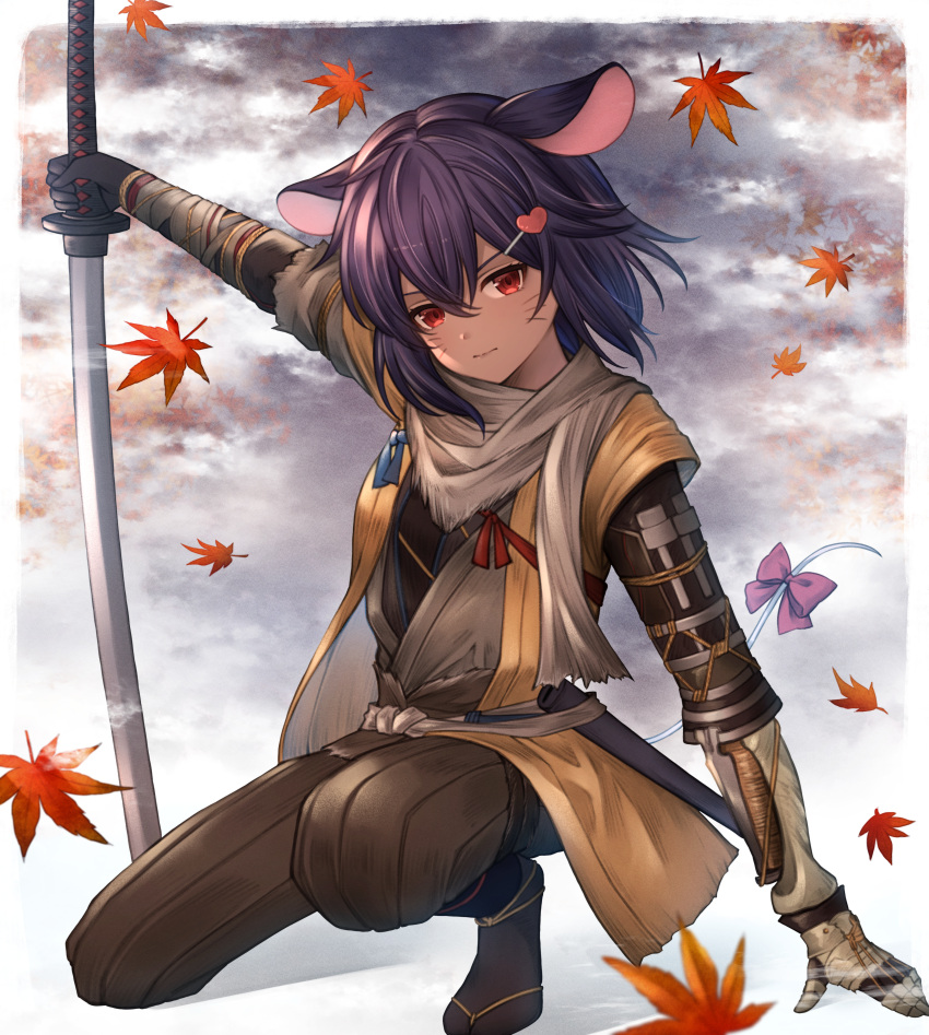 1girl absurdres animal_ears annno_ans arm_up autumn_leaves bangs border borrowed_character bow closed_mouth clothing_request commentary cosplay dark-skinned_female dark_skin facial_mark full_body hair_between_eyes hair_ornament hairclip half-closed_eyes hand_on_ground heart heart_hair_ornament highres hilt holding holding_sword holding_weapon katana kneeling long_hair looking_at_viewer mouse_ears mouse_girl mouse_tail original planted planted_sword red_eyes sekiro sekiro:_shadows_die_twice sekiro_(cosplay) solo sword tail tail_bow tail_ornament v-shaped_eyebrows weapon whisker_markings white_border