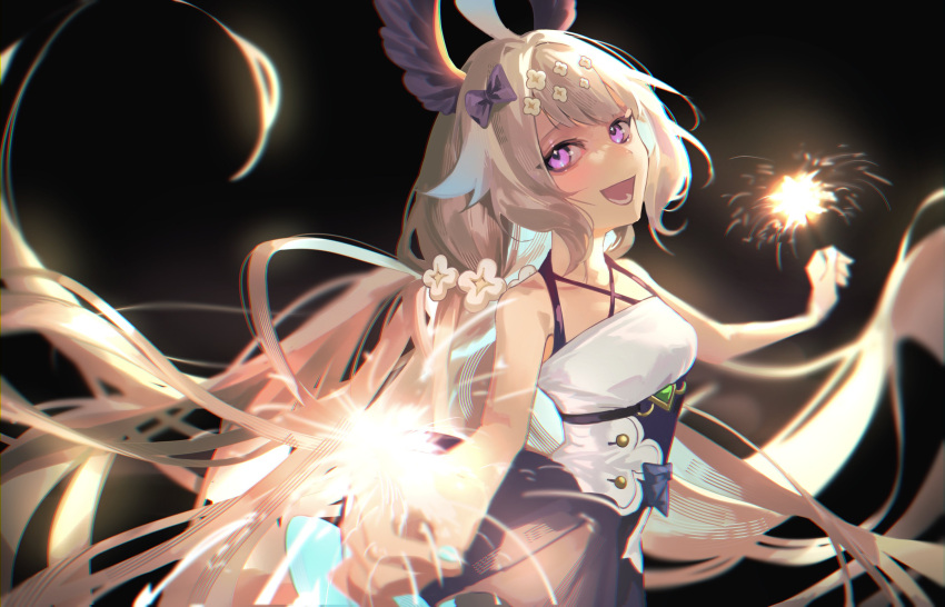 1girl absurdly_long_hair absurdres bird_girl black_background blonde_hair blue_dress blue_hair blush bow dress enna_alouette fireworks flower gear_(gear_990) hair_bow hair_flower hair_ornament head_wings highres long_hair looking_to_the_side low_twintails multicolored_clothes nijisanji nijisanji_en open_mouth purple_bow purple_wings senkou_hanabi smile solo sparkler twintails very_long_hair violet_eyes white_dress wind wings