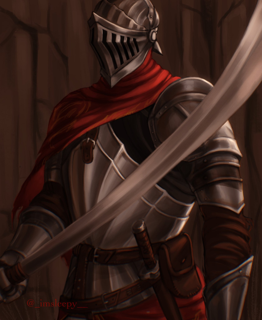 1boy alva_(dark_souls_2) armor belt belt_pouch breastplate brown_belt cape dark_souls_(series) dark_souls_ii full_armor gauntlets helmet highres holding holding_sword holding_weapon male_focus pauldrons pouch red_cape scabbard sheath shoulder_armor sleepysolaire solo sword visor_(armor) weapon