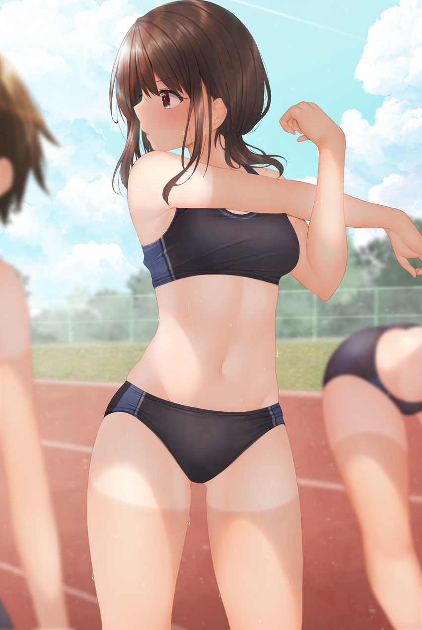 3girls ass_visible_through_thighs bent_over black_buruma black_sports_bra breasts brown_eyes brown_hair buruma clouds commentary_request expressionless highres looking_away looking_to_the_side midriff minato_ojitan multiple_girls navel original outdoors outstretched_arm running_track short_hair sky small_breasts sports_bikini sports_bra stretch tan tanlines thighs track_and_field