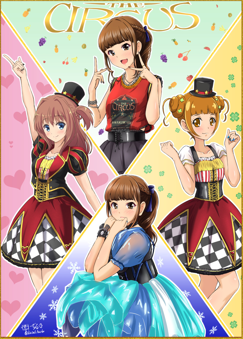 3girls absurdres arm_up artist_name bangs belt black_belt black_choker black_headwear black_nails blue_dress blue_nails blue_ribbon blunt_bangs bracelet braid brown_eyes brown_hair checkered_clothes checkered_dress choker clover clover_hair_ornament commentary_request diesel-turbo dokidoki!_precure double_bun dress dual_persona english_commentary fringe_trim fruit_background fuchigami_mai hair_ornament hair_ribbon hat heart heart_background highres index_finger_raised jewelry looking_at_viewer medium_dress medium_hair mini_hat mini_top_hat multiple_girls nail_polish necklace one_side_up ongaku_shoujo open_mouth outside_border partial_commentary pearl_necklace pointing pointing_at_self ponytail precure print_shirt puffy_short_sleeves puffy_sleeves real_life red_dress red_shirt ribbon ring ryuuou_sarasa shirt short_hair short_sleeves signature sleeveless sleeveless_shirt smile snowflake_background squatting standing t-shirt tilted_headwear top_hat underbust voice_actor_connection w_arms yotsuba_alice