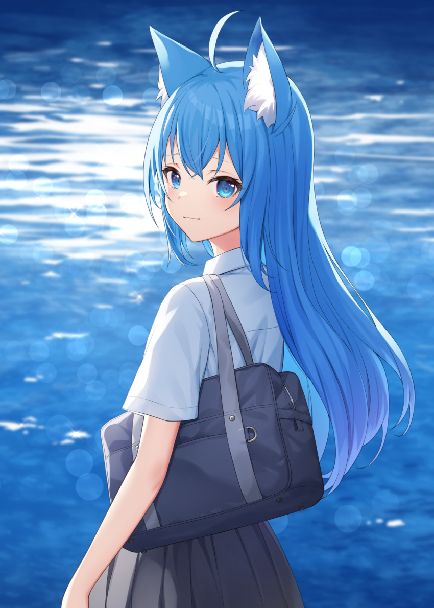 1girl 774_inc. ahoge animal_ear_fluff animal_ears animare bag bangs blue_eyes blue_hair blurry blurry_background blush closed_mouth collared_shirt crossed_bangs dog_ears grey_skirt hair_between_eyes highres long_hair looking_at_viewer looking_back nishino_eri ocean pleated_skirt school_bag school_uniform shirt short_sleeves skirt smile solo souya_ichika tears virtual_youtuber water white_shirt