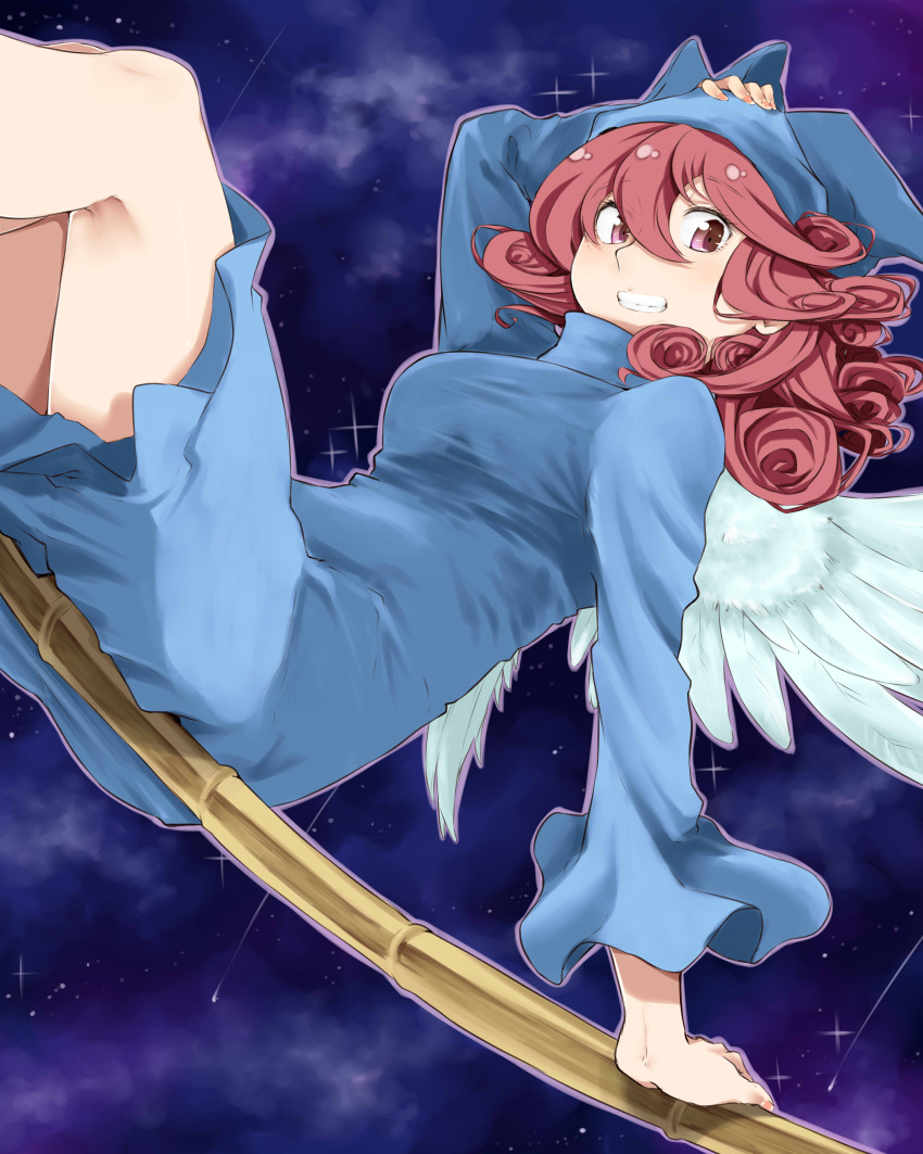 1girl absurdres angel_wings arm_rest blue_headwear blue_robe breasts broom comet duel_monster dutch_angle flying hand_on_own_head hat highres looking_at_viewer medium_breasts night night_sky red_eyes redhead robe sitting sky smile solo star_(sky) starry_sky tahira_ureka wee_witch's_appentice wings witch witch_hat yu-gi-oh!