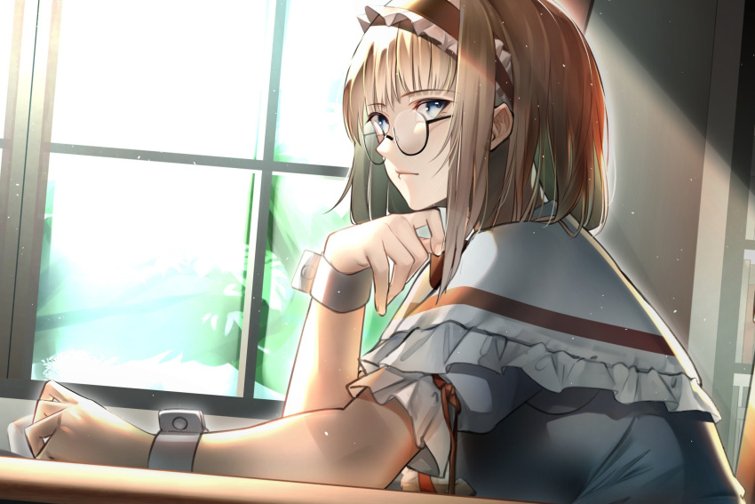 1girl alice_margatroid bangs bespectacled blonde_hair bloom blue_dress blue_eyes capelet dress fingernails frilled_capelet frilled_hairband frills from_side glasses hairband hand_on_own_chin hand_up highres indoors looking_at_viewer pero_(peroneko0510) red_hairband short_hair short_sleeves sleeve_ribbon solo sunlight touhou upper_body white_capelet window wrist_cuffs
