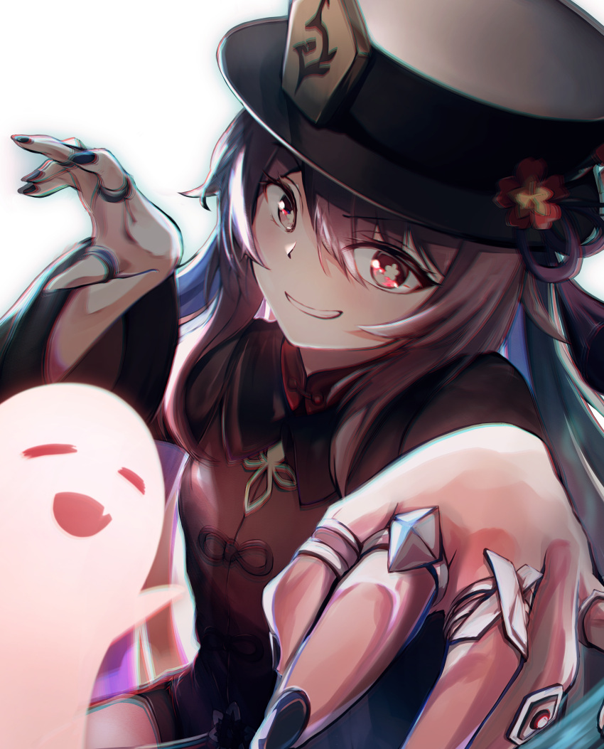 1girl :d absurdres bangs black_headwear black_nails black_shirt black_shorts brown_hair chinese_clothes claw_pose eyebrows_visible_through_hair fang flower flower-shaped_pupils genshin_impact ghost grin hat hat_flower highres hu_tao_(genshin_impact) jewelry kurony_(sirony) long_hair long_sleeves looking_at_viewer multiple_rings nail_polish porkpie_hat red_eyes red_flower ring shirt shorts simple_background skin_fang smile solo symbol-shaped_pupils white_background wide_sleeves