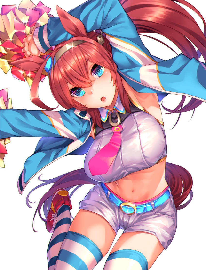 1girl aaru_(tenrake_chaya) ahoge bangs belt blue_eyes blue_jacket breasts brown_hair collared_shirt cosplay crop_top glint hairband highres holding holding_pom_poms jacket large_breasts lips long_hair looking_at_viewer midriff mihono_bourbon_(umamusume) navel necktie nice_nature_(run&amp;win)_(umamusume) nice_nature_(umamusume) nice_nature_(umamusume)_(cosplay) open_clothes open_jacket open_mouth outstretched_arms pink_necktie pom_pom_(cheerleading) red_footwear shirt shoes shorts simple_background sleeveless sleeveless_shirt sneakers solo sparkle striped striped_legwear thigh-highs umamusume white_background white_shirt white_shorts
