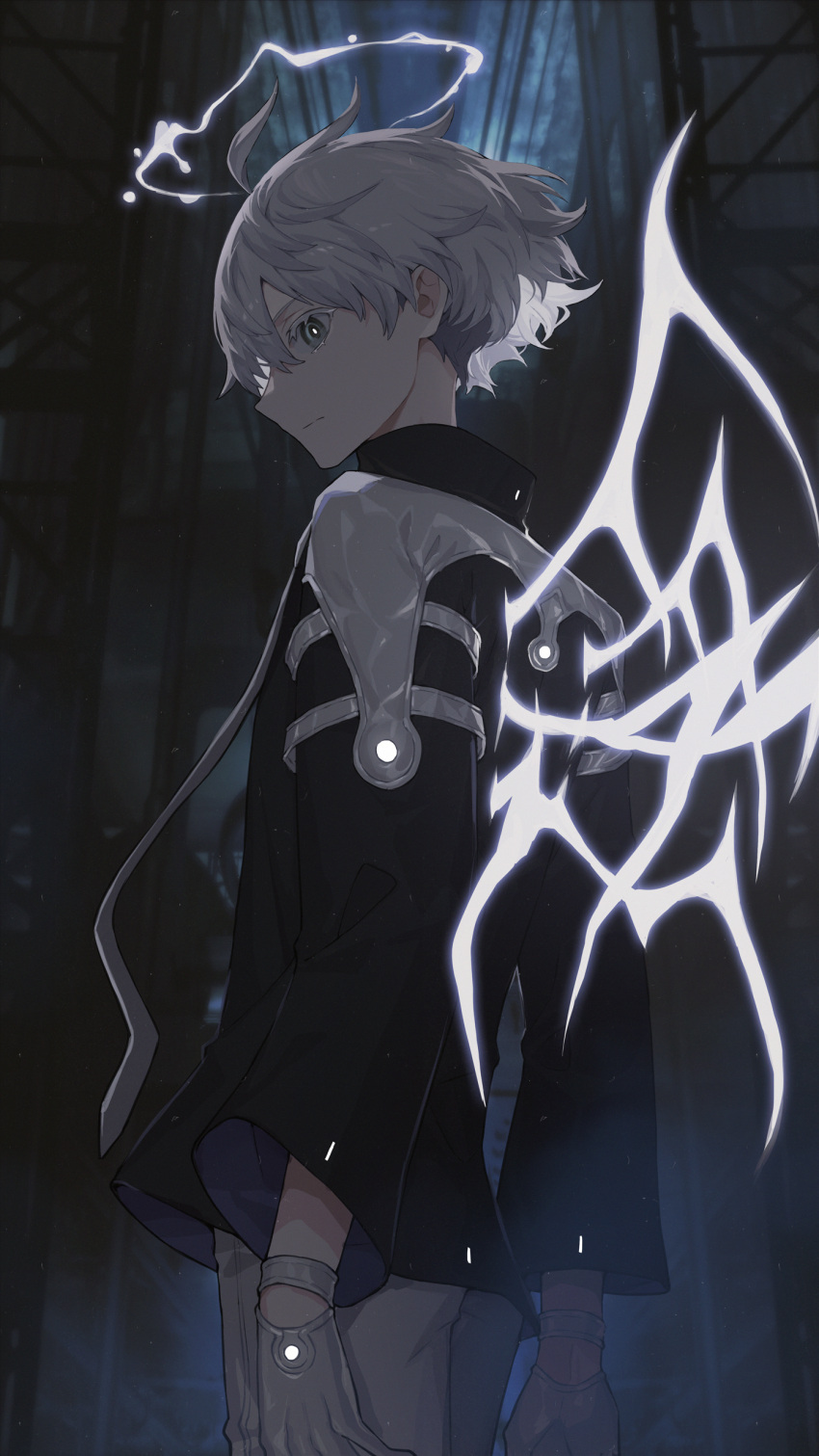 1boy absurdres ahoge bright_pupils closed_mouth gloves glowing glowing_wings grey_eyes grey_hair halo highres hinayuri looking_back male_focus multiple_wings original solo white_gloves white_pupils wings
