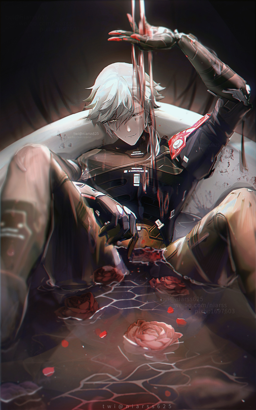 1boy arm_armor arm_on_thigh bangs barcode barcode_tattoo bathtub blood blood_on_hands braid eyebrows_visible_through_hair flower green_hair hair_between_eyes hand_up highres in_water light_rays long_hair looking_at_viewer lying mecha mechanical_arms mechanical_legs mechanical_parts monochrome niarss on_back petals petals_on_liquid punishing:_gray_raven roland_(punishing:_gray_raven) rose rose_petals smirk solo tattoo twitter_username water_drop watermark yellow_eyes