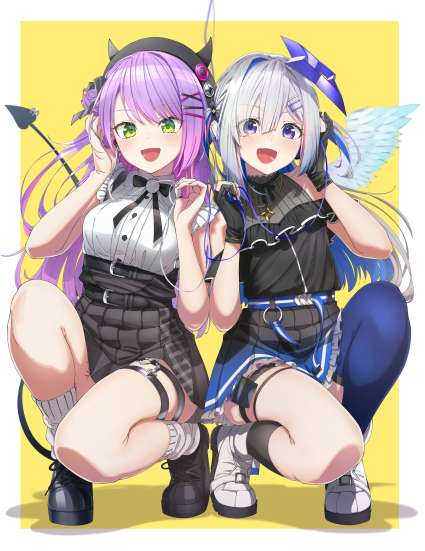 2girls :d absurdres amane_kanata angel_wings bangs black_bow black_bowtie black_footwear black_gloves black_headwear black_legwear black_shirt black_skirt blue_eyes blue_hair blue_legwear blue_skirt blush border bow bowtie breasts colored_inner_hair earphones english_commentary eyebrows_visible_through_hair fake_horns flat_chest frilled_skirt frills full_body gloves green_eyes hair_ornament hairclip halo highres hololive horned_headwear horns kneehighs leg_tattoo legs looking_at_viewer medium_breasts multicolored_hair multiple_girls murakami_ryouga partially_fingerless_gloves pink_hair pleated_skirt purple_hair shirt shoes simple_background single_kneehigh single_thighhigh skirt smile socks squatting star_halo streaked_hair tail tattoo thigh-highs thigh_strap thighs tokoyami_towa two-tone_hair virtual_youtuber white_border white_footwear white_legwear wings x_hair_ornament