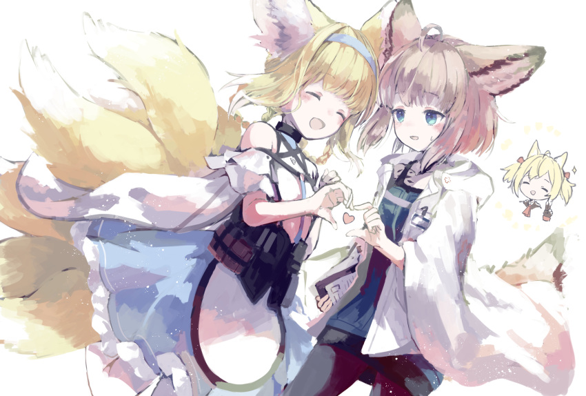 :d animal_ears arknights bare_shoulders black_collar black_legwear black_skirt blonde_hair blue_dress blue_eyes blue_hairband blue_shirt bow braid brown_hair chibi chibi_inset closed_eyes collar collarbone cowboy_shot cy_fros dress dutch_angle fox_ears fox_girl fox_tail hair_bow hairband heart heart_hands heart_hands_duo highres holding holding_notebook hood hood_down hooded_jacket jacket kitsune kyuubi long_hair multiple_tails necktie notebook open_clothes open_jacket open_mouth oripathy_lesion_(arknights) pantyhose red_bow red_necktie shirt short_hair simple_background skirt smile sora_(arknights) sparkle sussurro_(arknights) suzuran_(arknights) sweatdrop tactical_clothes tail twintails two-tone_dress v white_background white_dress white_jacket wide_sleeves wolf_ears yuri
