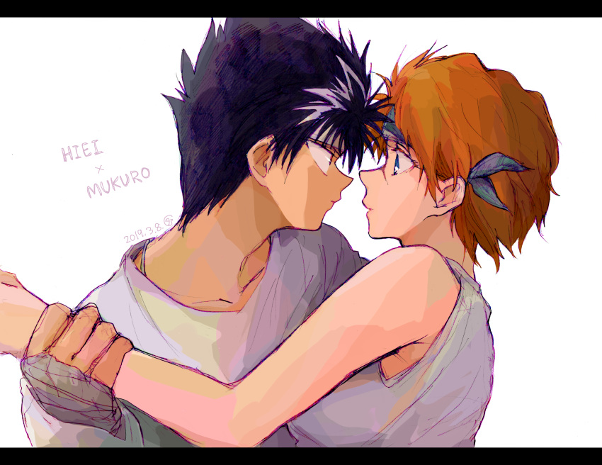 1boy 1girl absurdres bandaged_hand bandages black_hair brown_hair collarbone couple eye_contact headband hetero hiei_(yu_yu_hakusho) highres holding_another's_arm looking_at_another mukuro_(yu_yu_hakusho) shirt short_hair short_sleeves sleeveless spiky_hair tama-chan_(momomomijisakura) upper_body white_shirt yu_yu_hakusho