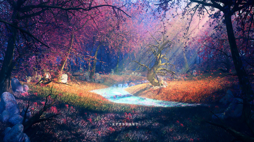 3d branch cherry_blossoms commentary_request dappled_sunlight day fartiart forest grass highres landscape leaf light_rays nature no_humans original outdoors rock scenery stream sunbeam sunlight tree water watermark