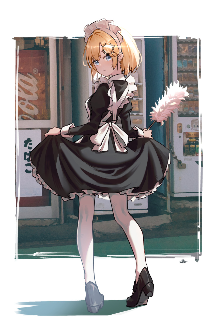 1girl absurdres alternate_costume apron bangs black_dress black_footwear blonde_hair blue_eyes closed_mouth dress duster enmaided eyebrows_visible_through_hair frilled_dress frills from_behind full_body hair_ornament highres holding holding_duster hololive hololive_english jl_tan juliet_sleeves long_sleeves looking_at_viewer looking_back maid maid_headdress monocle_hair_ornament outside_border pantyhose puffy_sleeves shoes short_hair skirt_hold solo standing virtual_youtuber watson_amelia white_apron white_legwear