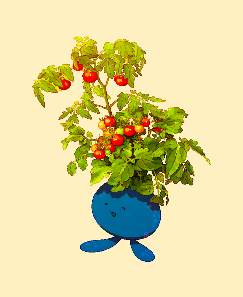 :d absurdres cherry_tomato commentary creature daniel_j_permutt english_commentary from_side full_body highres leaf looking_ahead no_humans oddish open_mouth plant pokemon pokemon_(creature) shade shiny sidelighting simple_background smile solo standing tomato yellow_background