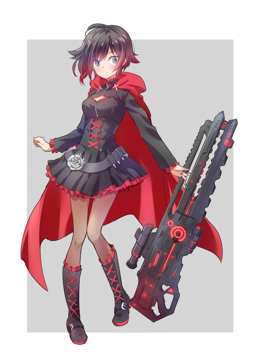 1girl belt black_dress black_hair boots border breasts brown_legwear cape closed_mouth corset dress flower frills full_body gradient_hair grey_eyes gun highres hood hooded_cape iesupa long_sleeves looking_at_viewer multicolored_hair pantyhose red_cape redhead rifle rose ruby_rose rwby scope short_hair solo weapon white_border