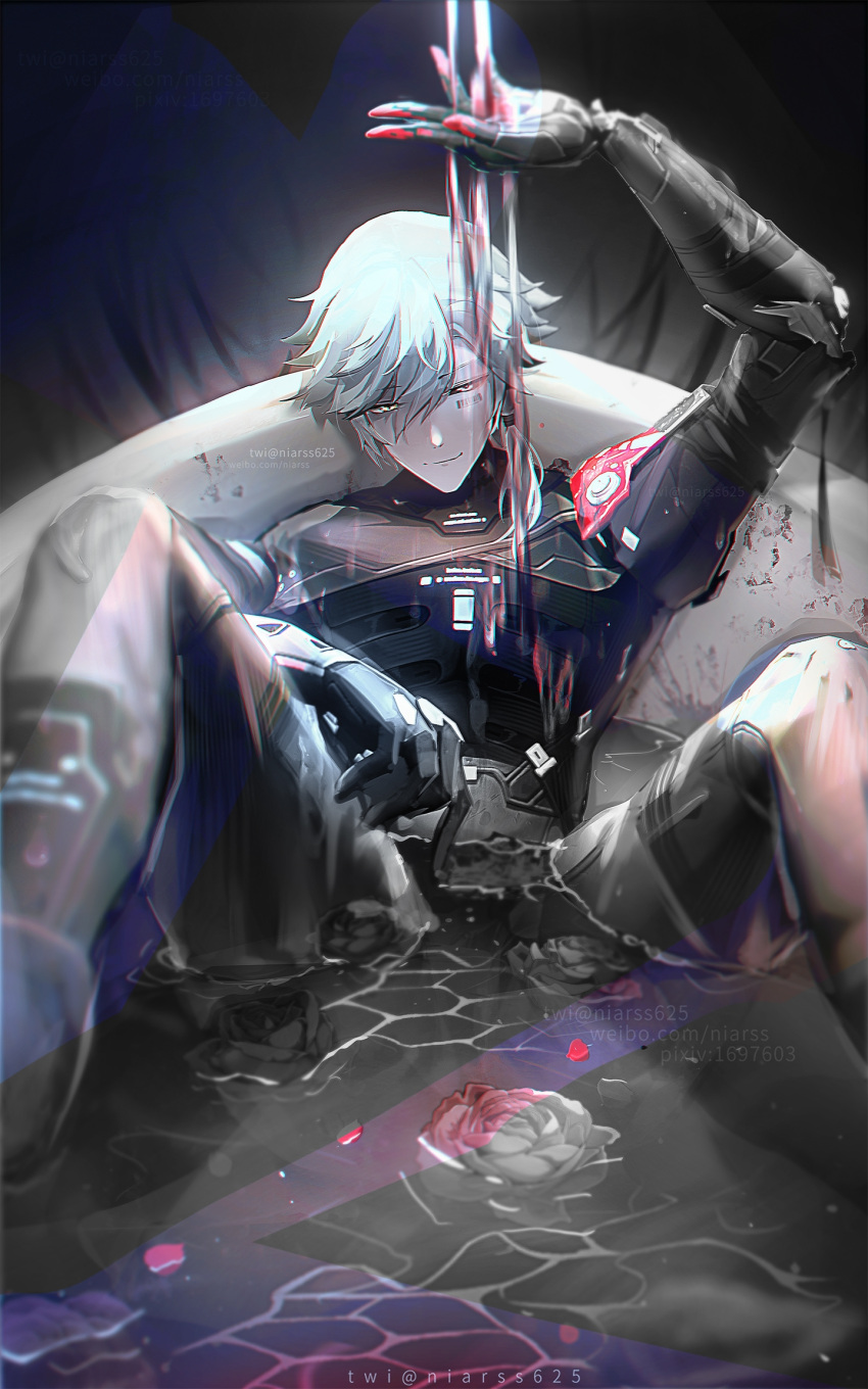 1boy arm_armor arm_on_thigh bangs barcode barcode_tattoo bathtub blood blood_on_hands braid eyebrows_visible_through_hair flower green_hair greyscale hair_between_eyes hand_up highres in_water light_rays long_hair looking_at_viewer lying mecha mechanical_arms mechanical_legs mechanical_parts monochrome niarss on_back petals petals_on_liquid punishing:_gray_raven roland_(punishing:_gray_raven) rose rose_petals smirk solo tattoo twitter_username water_drop watermark yellow_eyes