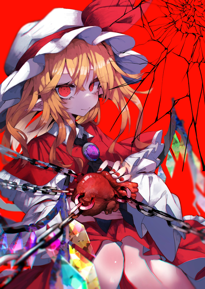 1girl absurdres black_neckerchief blonde_hair brooch chain closed_mouth collared_shirt commentary cowboy_shot crack crystal fingernails flandre_scarlet hair_between_eyes hat hat_ribbon heart_(organ) highres holding_organ jewelry long_hair long_sleeves looking_at_viewer mob_cap muraryo nail_polish neckerchief pointy_ears red_background red_eyes red_nails red_ribbon red_skirt red_vest ribbon shirt simple_background skirt smile solo touhou vest white_headwear white_shirt wide_sleeves wings