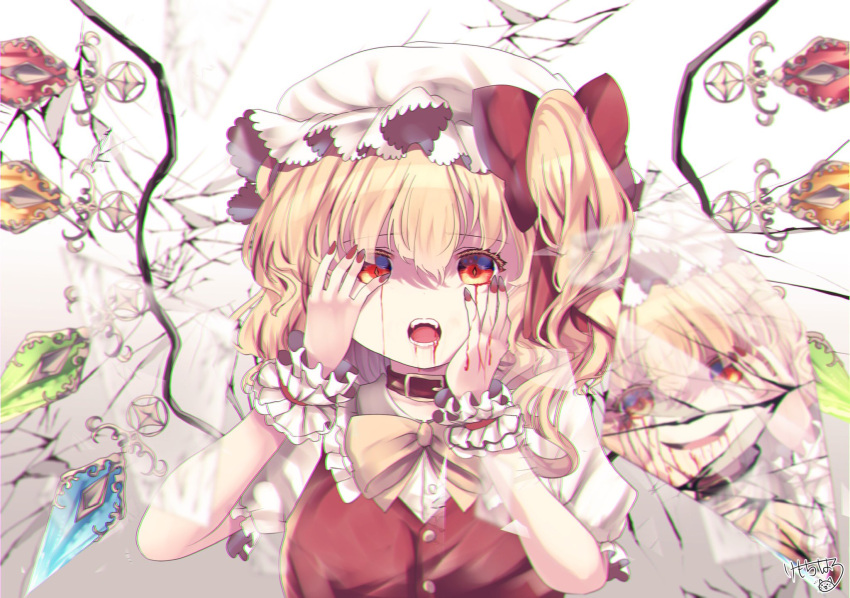 1girl bangs blonde_hair blood bow bowtie broken_glass crystal eyebrows_visible_through_hair flandre_scarlet glass gradient gradient_background hat highres kemo_chiharu looking_at_viewer mob_cap one_side_up open_mouth red_eyes red_nails reflection short_hair short_sleeves signature solo touhou upper_body white_background white_headwear wings yellow_bow yellow_bowtie
