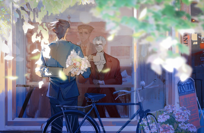 2boys ace_attorney arm_behind_back ascot bicycle black_hair bouquet cafe cup flower formal grey_hair ground_vehicle highres holding holding_bouquet holding_cup holding_flower implied_yaoi male_focus miles_edgeworth multiple_boys phoenix_wright plant reflection storefront suit turquoise_mika