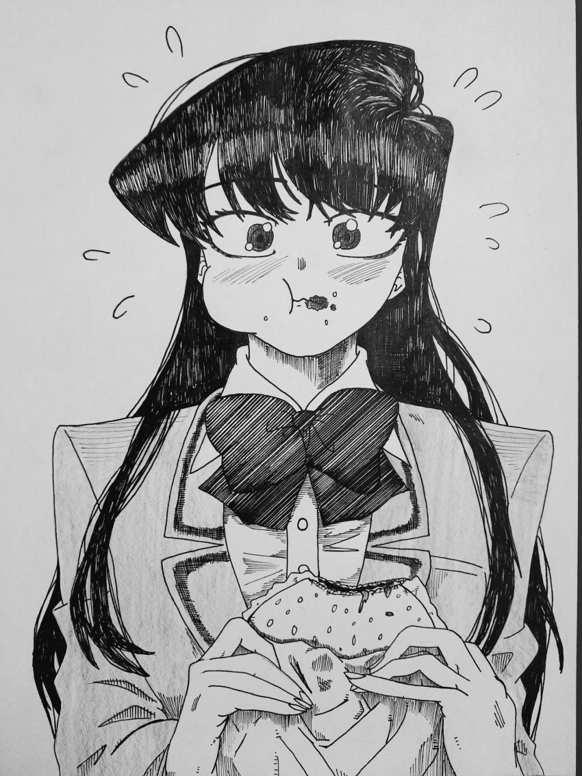 1girl :t bangs black_eyes black_hair blazer blush bow bread burger chewing collared_shirt crosshatching eating eindrawppsn eyebrows eyebrows_visible_through_hair eyelashes fingernails flying_sweatdrops food food_on_face greyscale hatching_(texture) highres holding holding_food jacket komi-san_wa_komyushou_desu komi_shouko long_fingernails long_hair looking_at_viewer monochrome school_uniform shirt simple_background solo striped striped_bow swallowing sweatdrop swept_bangs traditional_media white_background white_shirt