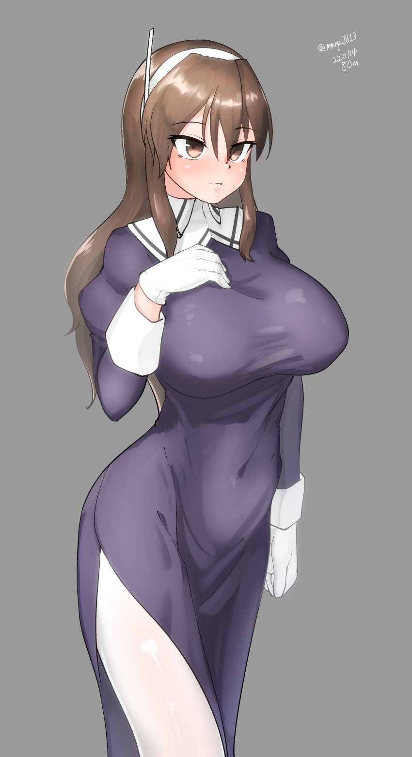 1girl absurdres adapted_costume ashigara_(kancolle) ashigara_kai_ni_(kancolle) breasts brown_eyes brown_hair dated dress elbow_gloves gloves grey_background hairband highres kantai_collection large_breasts long_hair maru_(marg0613) one-hour_drawing_challenge purple_dress side_slit simple_background solo standing twitter_username wavy_hair white_gloves white_legwear