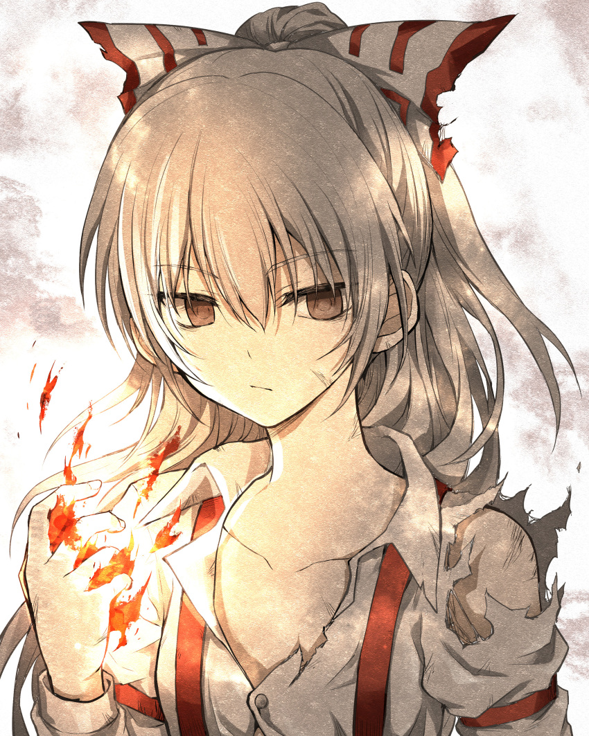 1girl :/ absurdres bangs bow breasts expressionless eyebrows_visible_through_hair fire fujiwara_no_mokou hair_between_eyes hair_bow highres long_hair looking_away medium_breasts red_eyes shimoda_masaya shirt short_sleeves solo suspenders torn_clothes torn_shirt touhou upper_body white_bow white_shirt